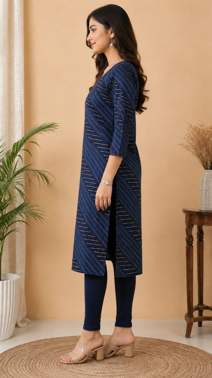 Women's Navy Blue Diagonal Striped Pure Cotton Straight Kurta ( Single piece Kurta)