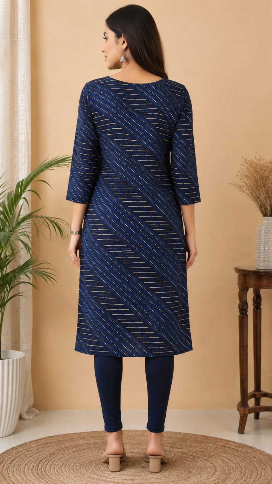 Women's Navy Blue Diagonal Striped Pure Cotton Straight Kurta ( Single piece Kurta)