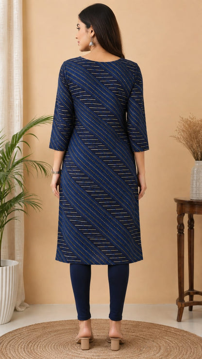 Women's Navy Blue Diagonal Striped Pure Cotton Straight Kurta ( Single piece Kurta)
