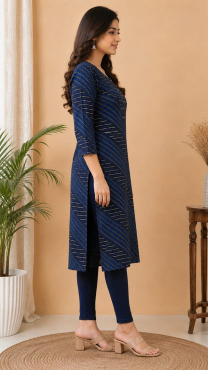 Women's Navy Blue Diagonal Striped Pure Cotton Straight Kurta ( Single piece Kurta)