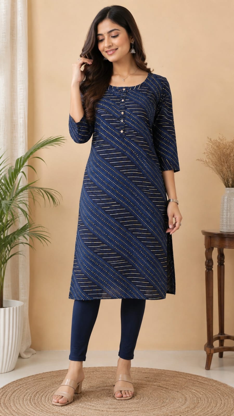Women's Navy Blue Diagonal Striped Pure Cotton Straight Kurta ( Single piece Kurta)
