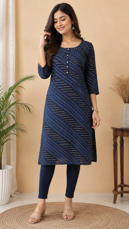 Women's Navy Blue Diagonal Striped Pure Cotton Straight Kurta ( Single piece Kurta)
