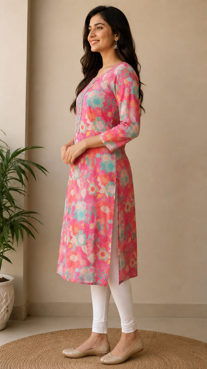 Women's Bright Pink Multicolor Floral Printed Pure Cotton Straight Kurta (Single piece Kurta)