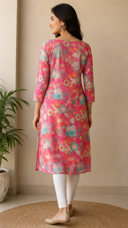 Women's Bright Pink Multicolor Floral Printed Pure Cotton Straight Kurta (Single piece Kurta)