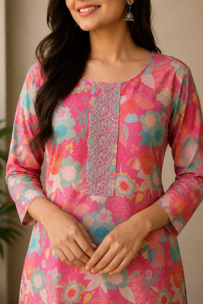Women's Bright Pink Multicolor Floral Printed Pure Cotton Straight Kurta (Single piece Kurta)