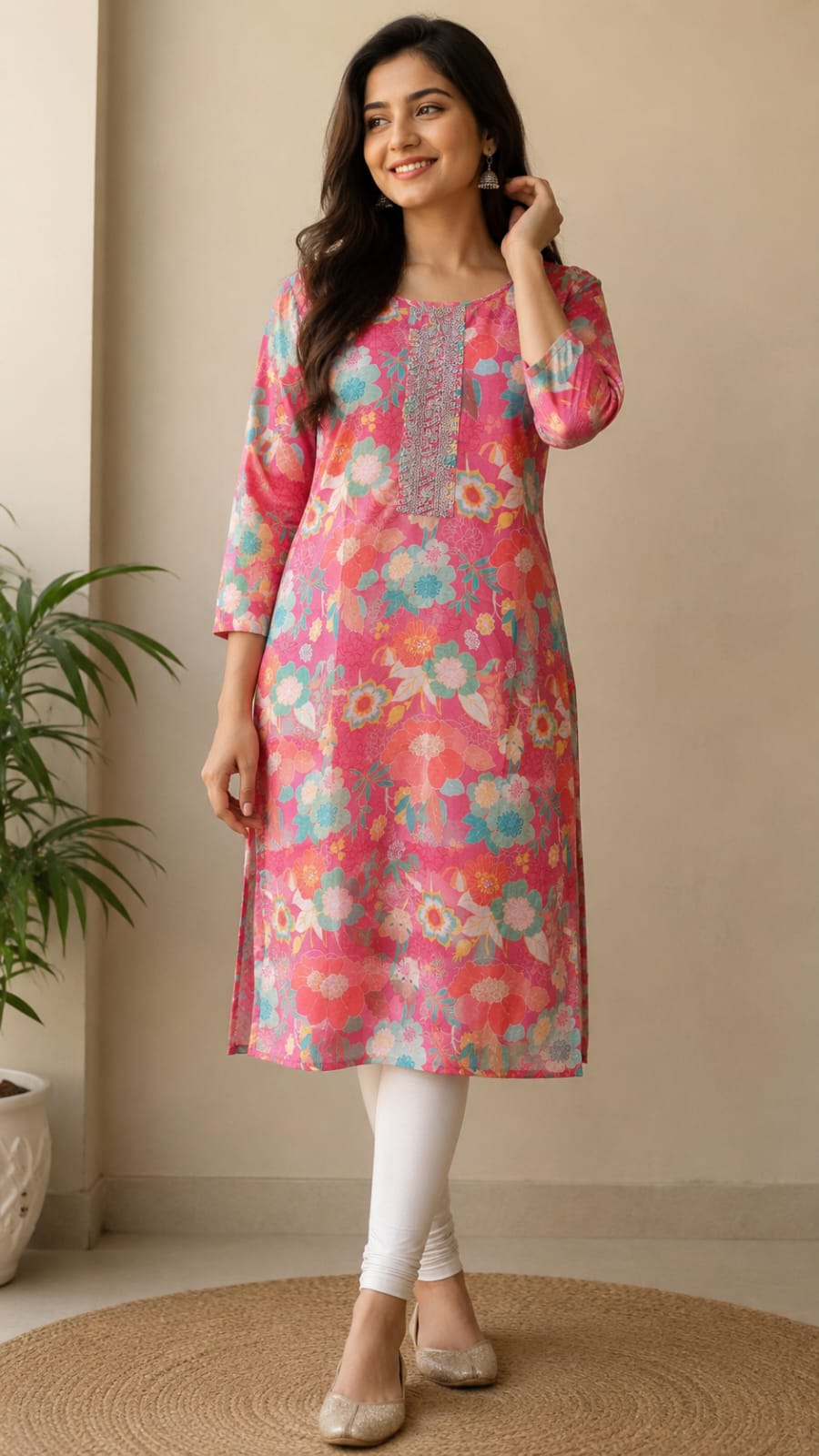 Women's Bright Pink Multicolor Floral Printed Pure Cotton Straight Kurta (Single piece Kurta)