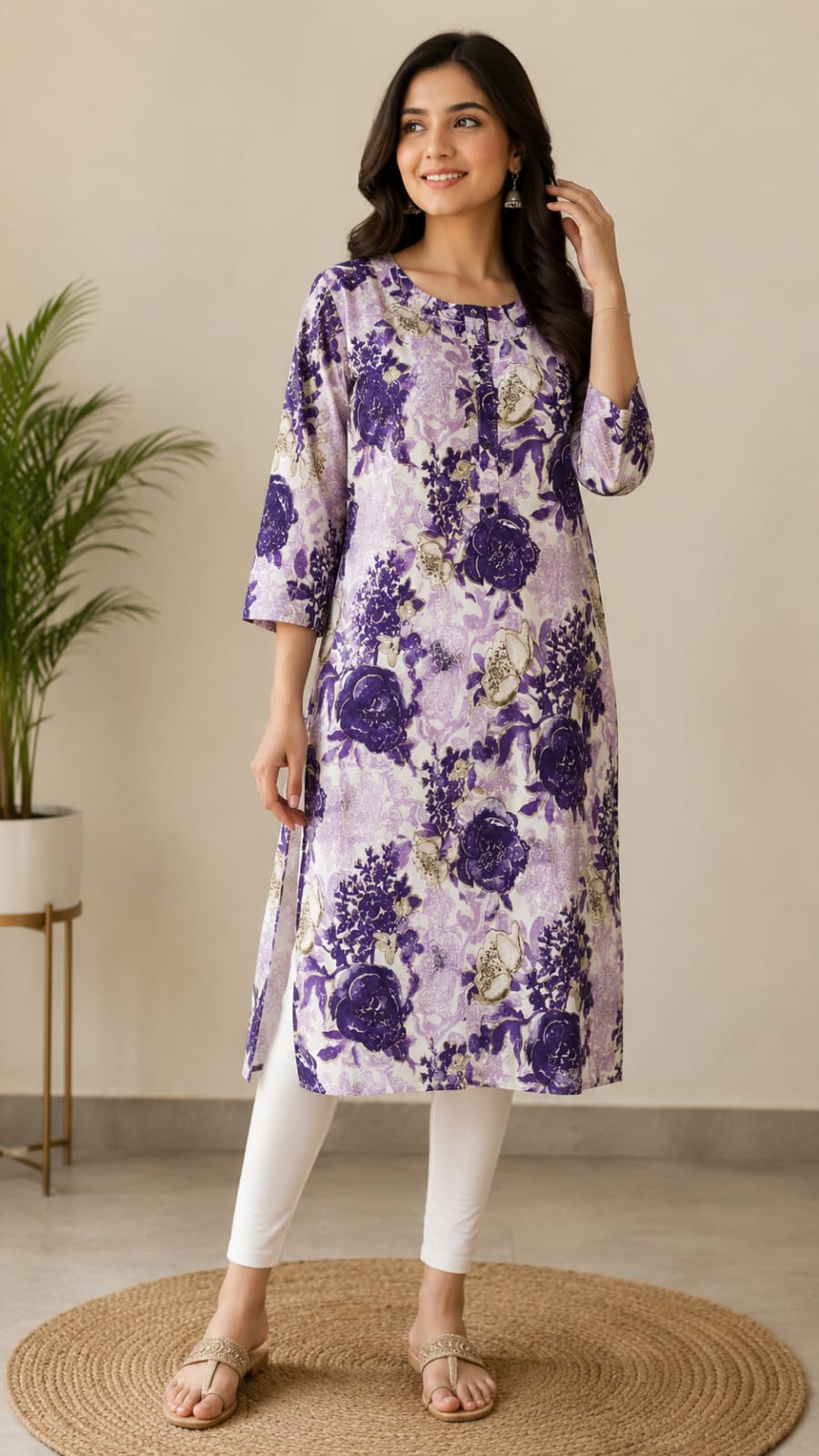 Women's Lavender & Purple Floral Printed Pure Cotton Straight Kurta (Single piece Kurta)