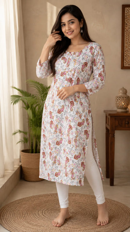Women's White & Blue Cotton Floral Print Kurta | Calf Length, 3/4 Sleeve (Single Piece Kurta)