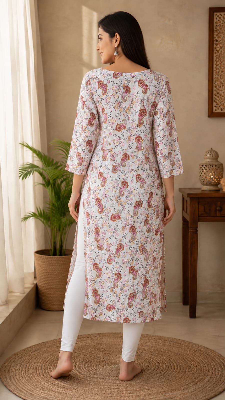 Women's Off-White & PINK Floral Printed Pure Cotton Straight Kurta (Single piece Kurta)