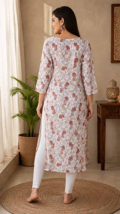 Women's Off-White & PINK Floral Printed Pure Cotton Straight Kurta (Single piece Kurta)