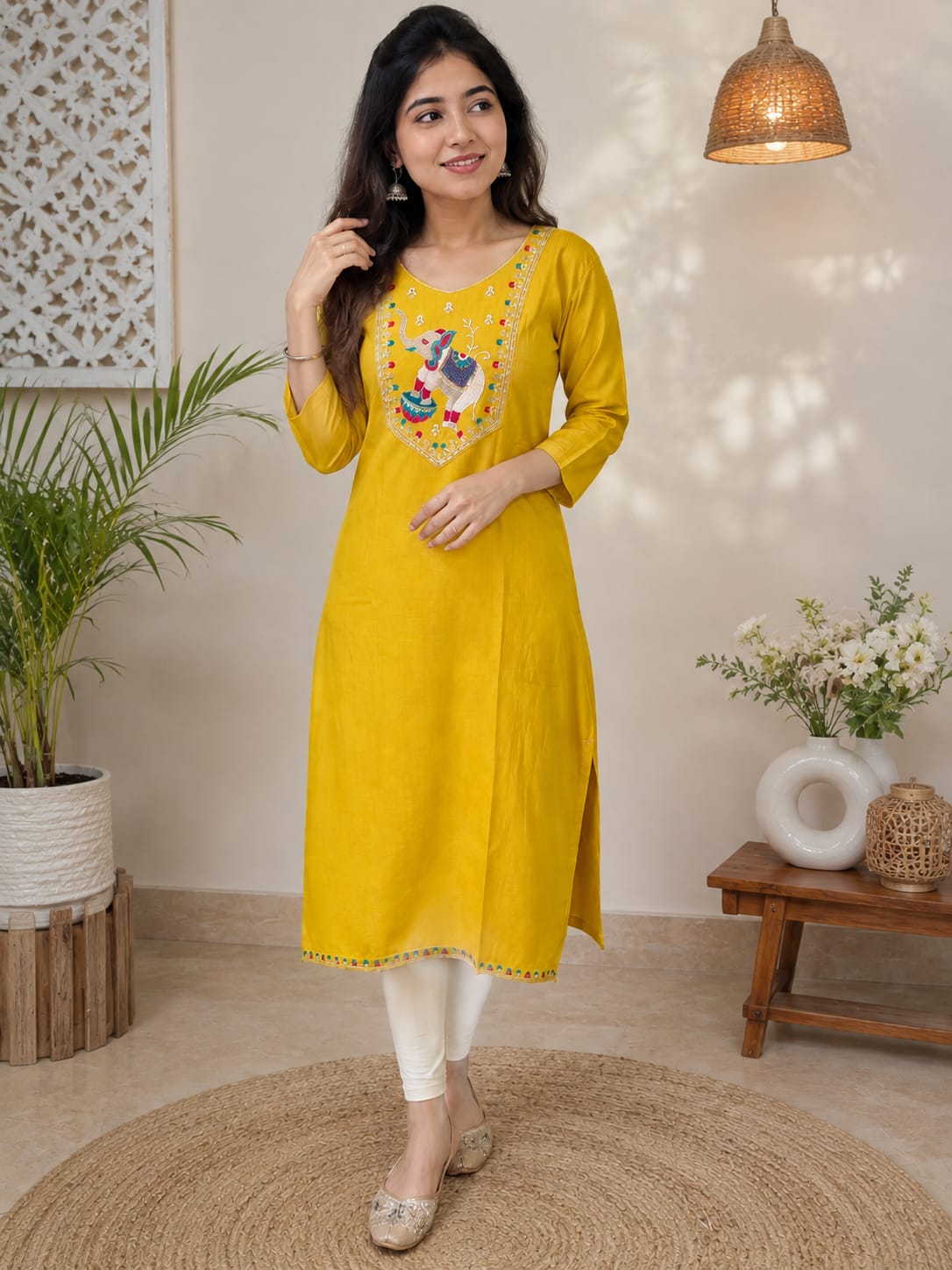Women's Yellow Polycotton Straight Kurta with Elephant Yoke Embroidery (Single piece Kurta)