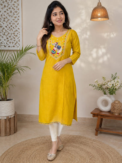 Women's Yellow Polycotton Straight Kurta with Elephant Yoke Embroidery (Single piece Kurta)