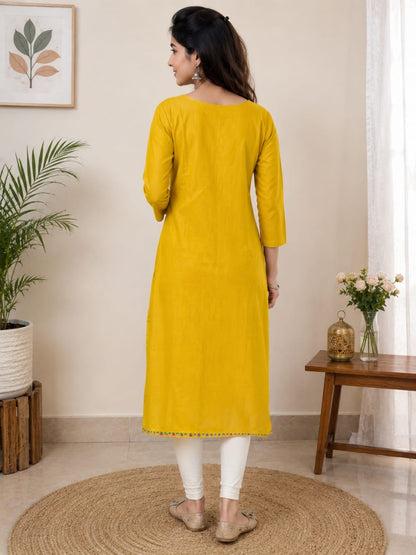Women's Yellow Polycotton Straight Kurta with Elephant Yoke Embroidery (Single piece Kurta)