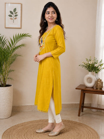 Women's Yellow Polycotton Straight Kurta with Elephant Yoke Embroidery (Single piece Kurta)