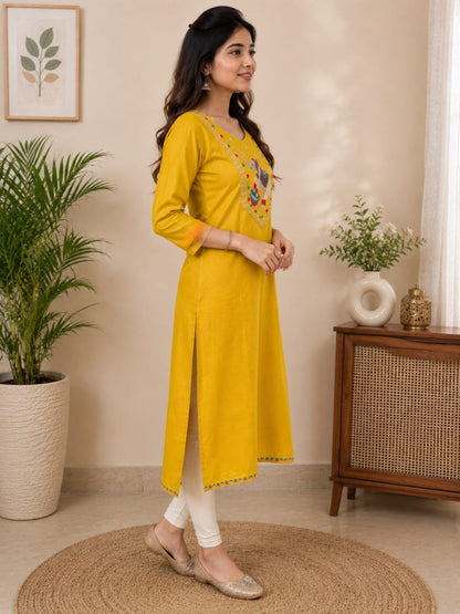 Women's Yellow Polycotton Straight Kurta with Elephant Yoke Embroidery (Single piece Kurta)
