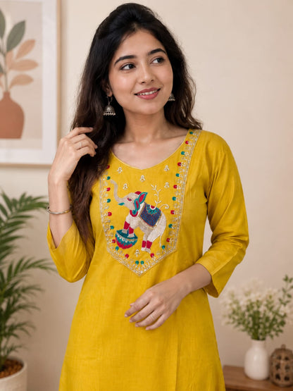 Women's Yellow Polycotton Straight Kurta with Elephant Yoke Embroidery (Single piece Kurta)