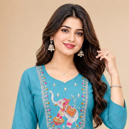 Women's Sky Blue Polycotton Straight Kurta with Elephant Yoke Embroidery (Single piece Kurta)