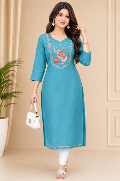 Women's Sky Blue Polycotton Straight Kurta with Elephant Yoke Embroidery (Single piece Kurta)
