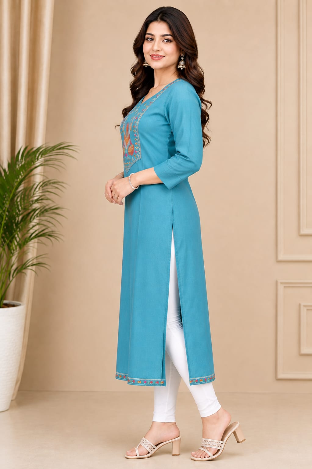 Women's Sky Blue Polycotton Straight Kurta with Elephant Yoke Embroidery (Single piece Kurta)