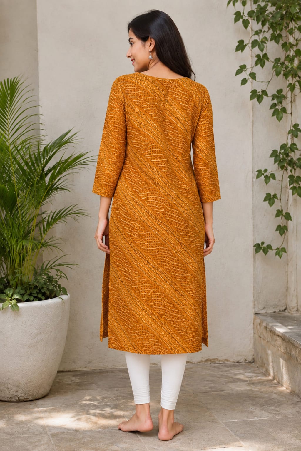 Women's Mustard Yellow Leheriya Wave Printed Pure Cotton Straight Kurta ( Single piece Kurta)