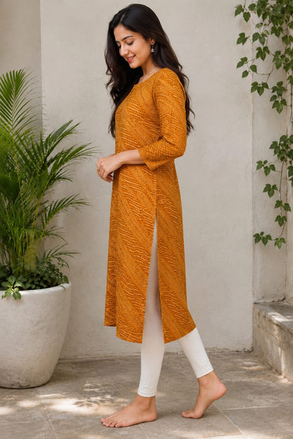 Women's Mustard Yellow Leheriya Wave Printed Pure Cotton Straight Kurta ( Single piece Kurta)