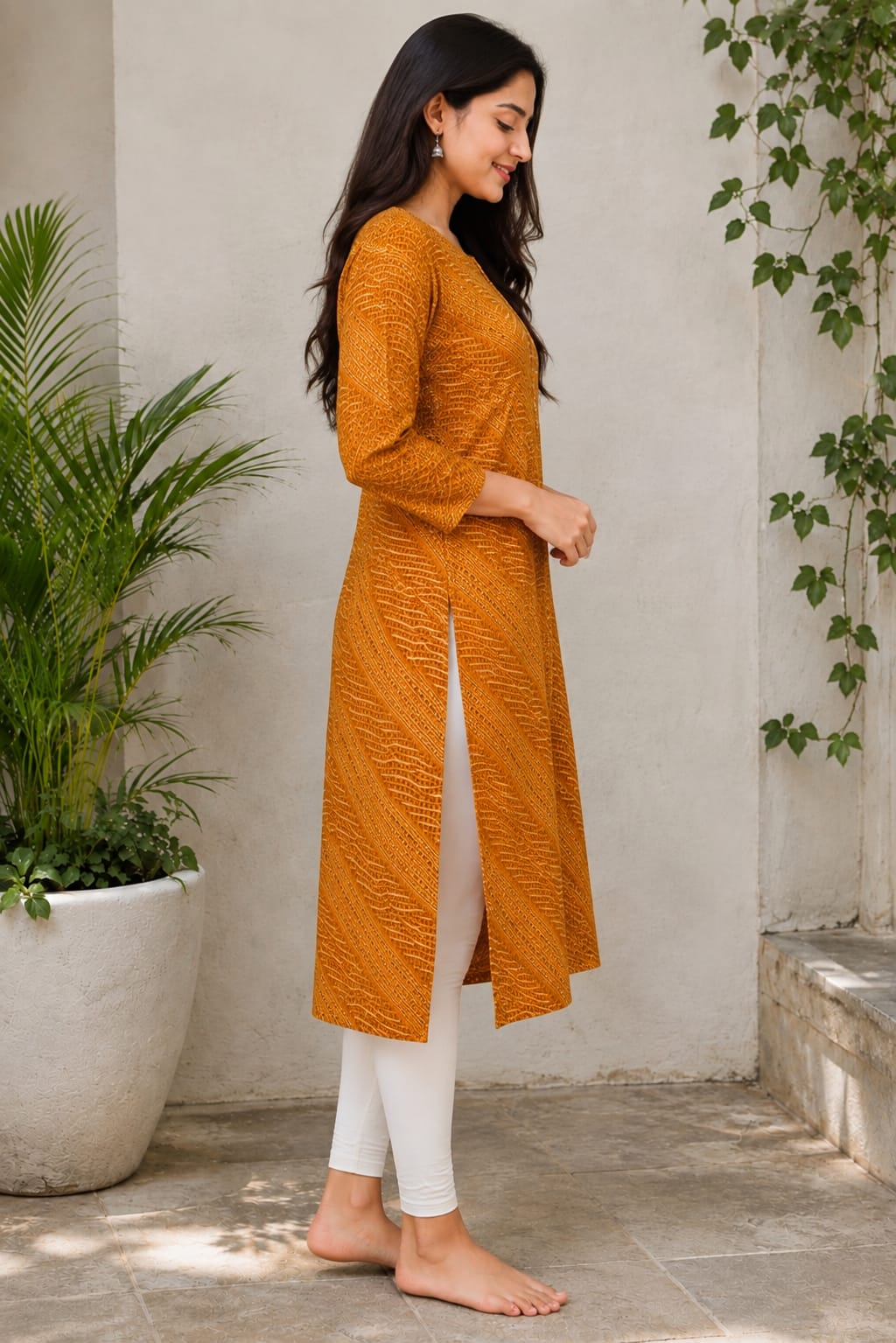 Women's Mustard Yellow Leheriya Wave Printed Pure Cotton Straight Kurta ( Single piece Kurta)