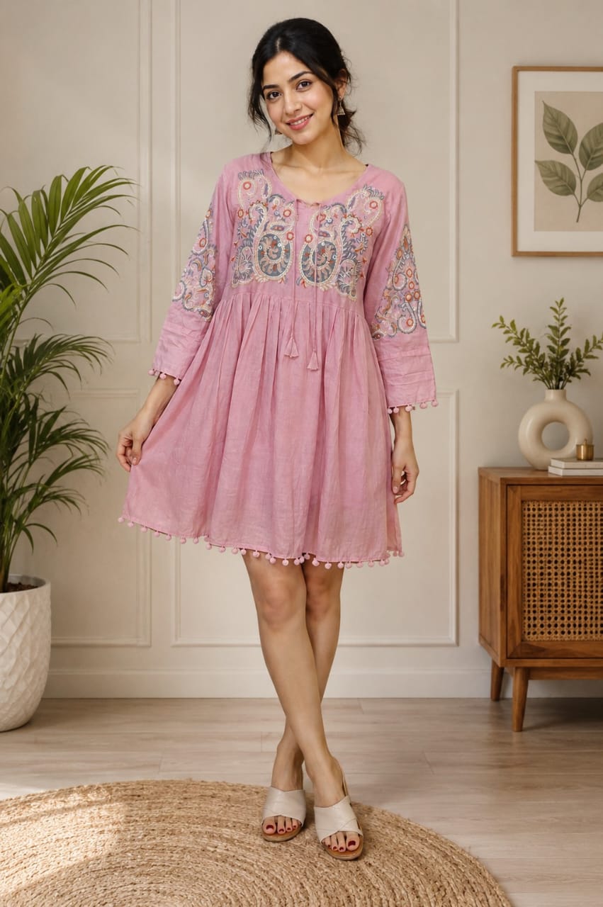 Women's Pink Embroidered A-Line Short Dress with Pom-Pom Details( Single piece)
