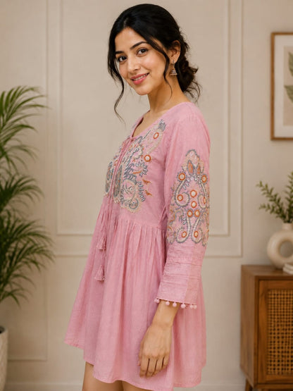 Women's Pink Embroidered A-Line Short Dress with Pom-Pom Details( Single piece)
