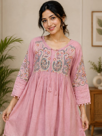 Women's Pink Embroidered A-Line Short Dress with Pom-Pom Details( Single piece)