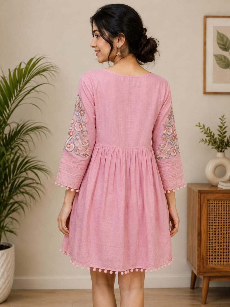 Women's Pink Embroidered A-Line Short Dress with Pom-Pom Details( Single piece)