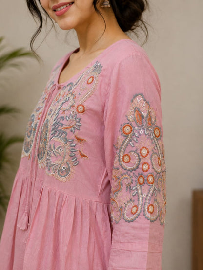 Women's Pink Embroidered A-Line Short Dress with Pom-Pom Details( Single piece)