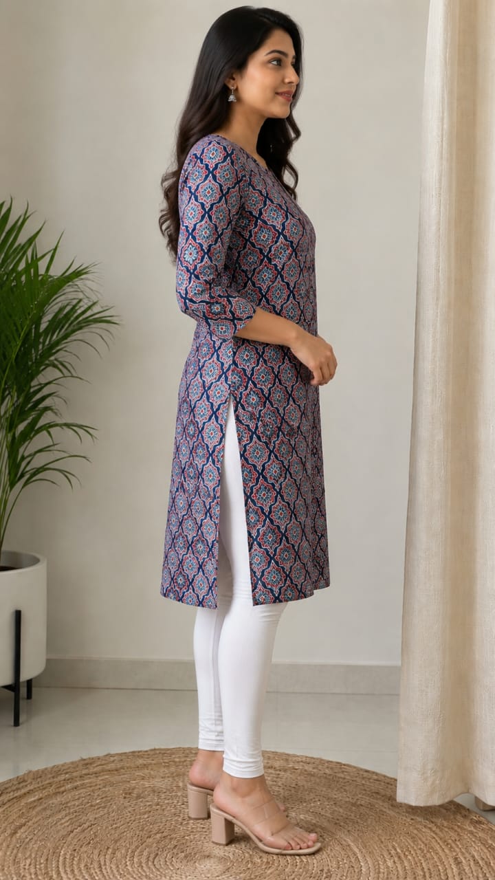 Women's Navy Blue & Red Ethnic Printed Pure Cotton Straight Kurta (Single piece)