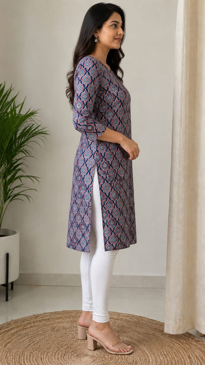 Women's Navy Blue & Red Ethnic Printed Pure Cotton Straight Kurta (Single piece)