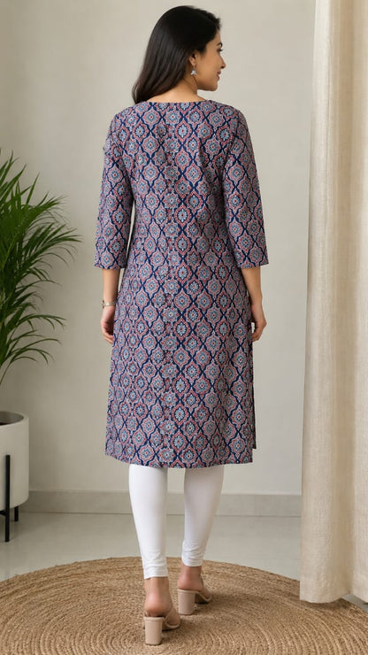 Women's Navy Blue & Red Ethnic Printed Pure Cotton Straight Kurta (Single piece)