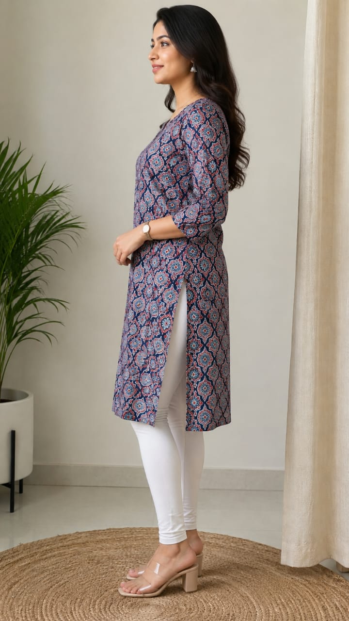 Women's Navy Blue & Red Ethnic Printed Pure Cotton Straight Kurta (Single piece)