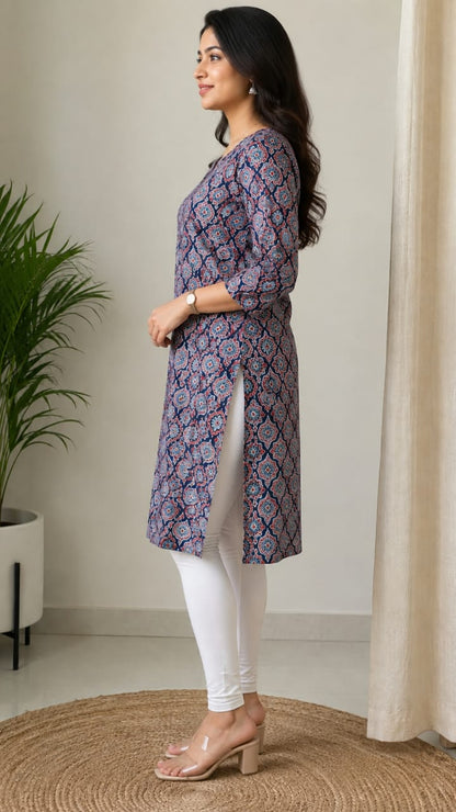 Women's Navy Blue & Red Ethnic Printed Pure Cotton Straight Kurta (Single piece)