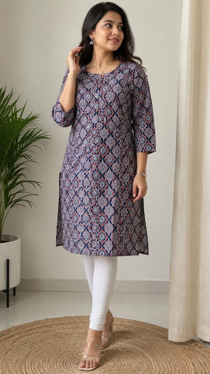 Women's Navy Blue & Red Ethnic Printed Pure Cotton Straight Kurta (Single piece)