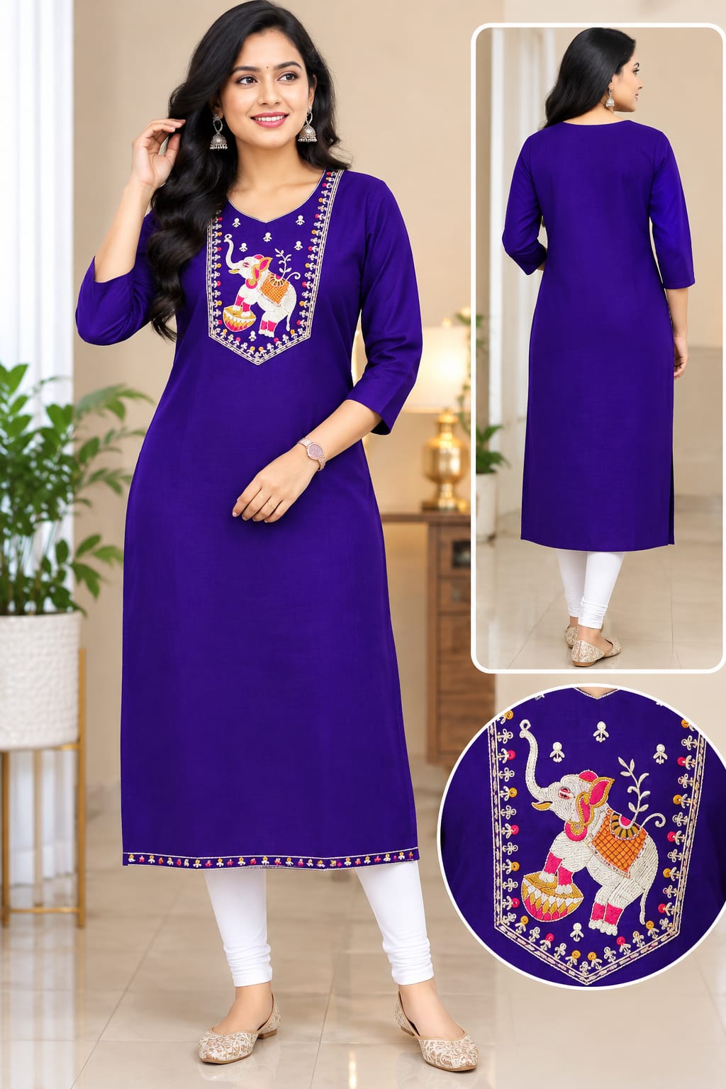 Women's Royal Purple Cotton Straight Kurta with Elephant Embroidery & Border Design (Single piece Kurta)