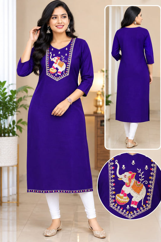 Women's Royal Purple Cotton Straight Kurta with Elephant Embroidery & Border Design (Single piece Kurta)
