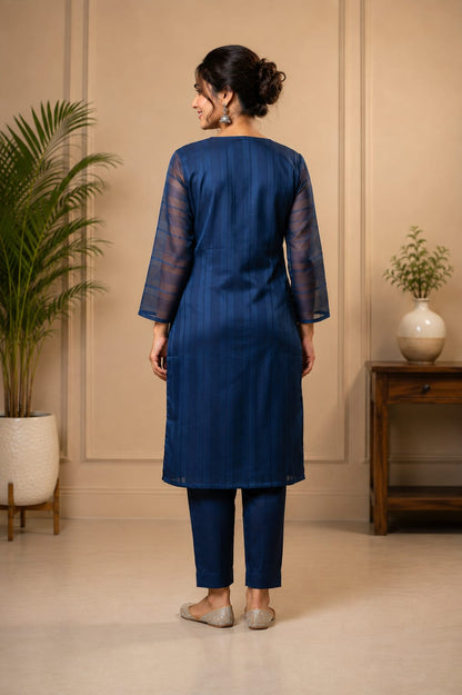 Women's Dark Navy Blue Polycotton Straight Kurta with Embroidered Yoke & Sheer Sleeves (Single Kurta)