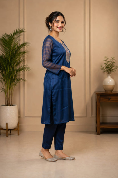 Women's Dark Navy Blue Polycotton Straight Kurta with Embroidered Yoke & Sheer Sleeves (Single Kurta)