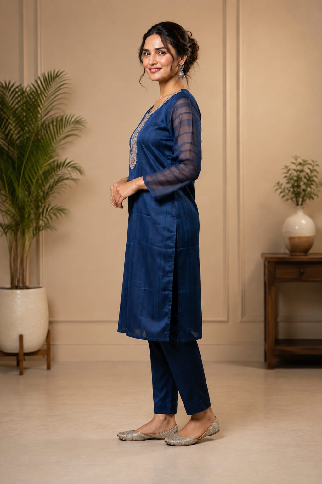 Women's Dark Navy Blue Polycotton Straight Kurta with Embroidered Yoke & Sheer Sleeves (Single Kurta)