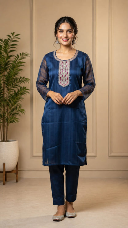 Women's Dark Navy Blue Polycotton Straight Kurta with Embroidered Yoke & Sheer Sleeves (Single Kurta)