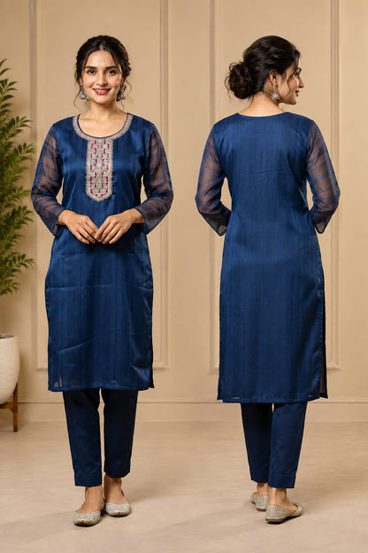 Women's Dark Navy Blue Polycotton Straight Kurta with Embroidered Yoke & Sheer Sleeves (Single Kurta)