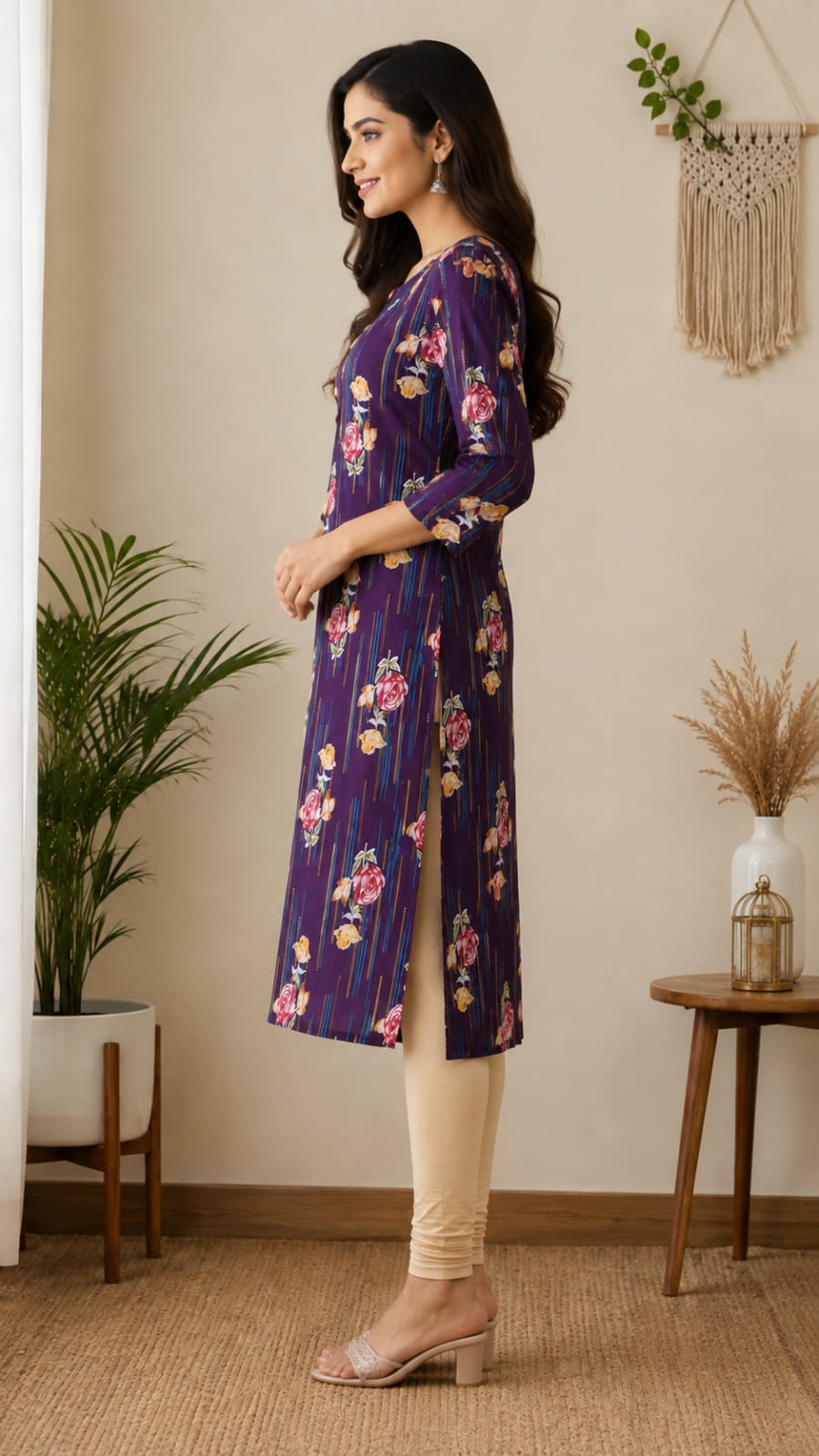 Women's Dark Purple Floral & Stripe Printed Pure Cotton Straight Kurta (Single piece Kurta)