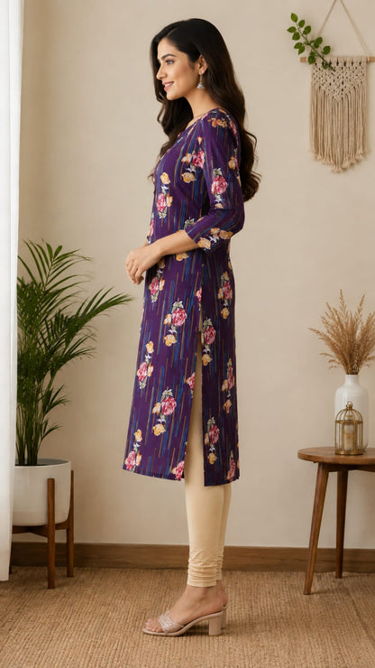 Women's Dark Purple Floral & Stripe Printed Pure Cotton Straight Kurta (Single piece Kurta)