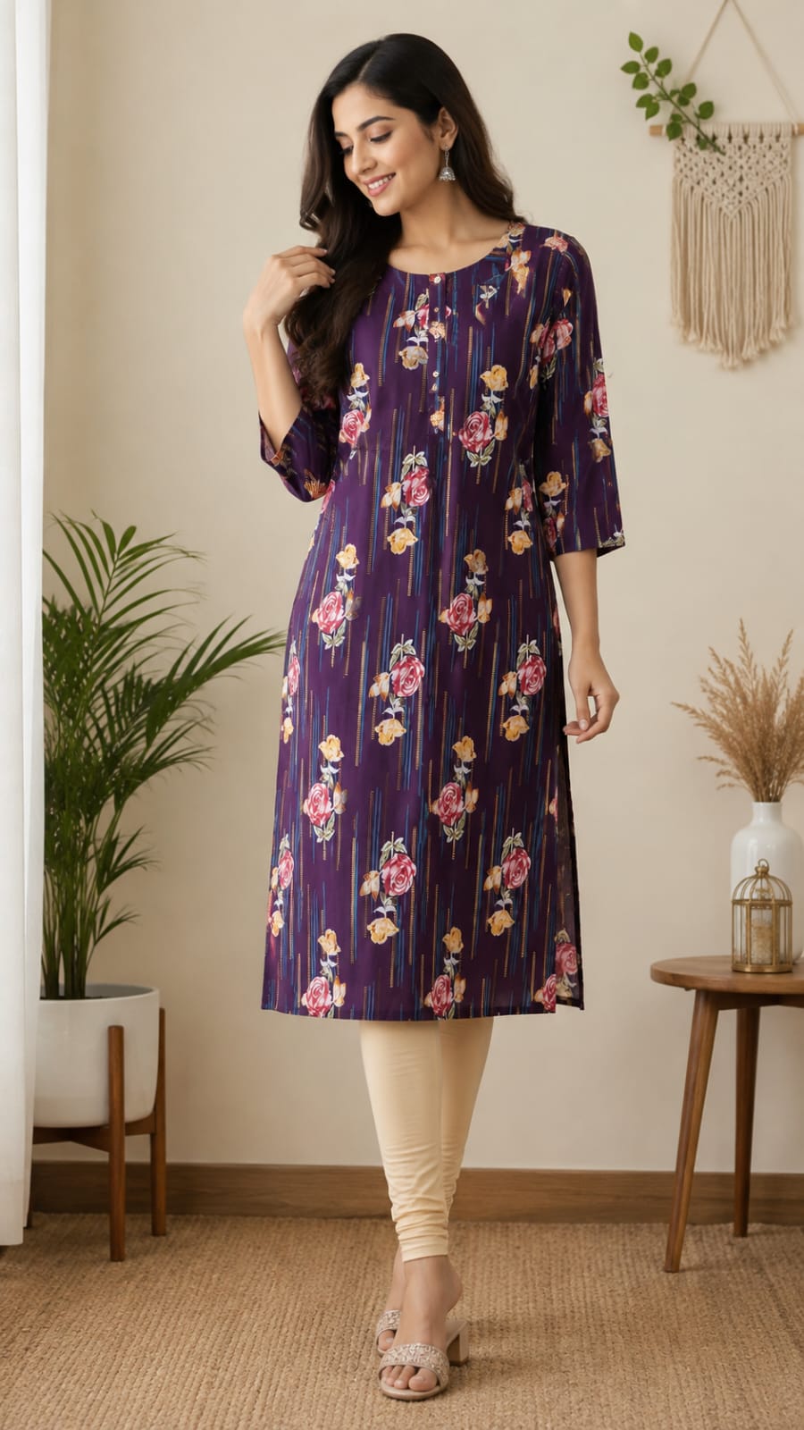Women's Dark Purple Floral & Stripe Printed Pure Cotton Straight Kurta (Single piece Kurta)
