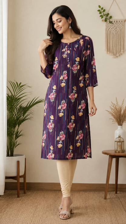 Women's Dark Purple Floral & Stripe Printed Pure Cotton Straight Kurta (Single piece Kurta)