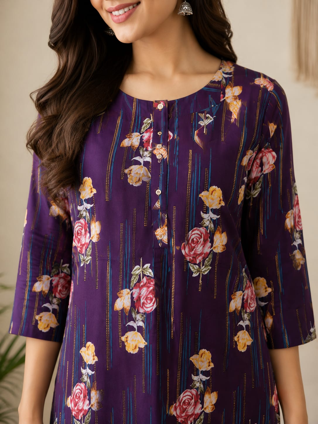 Women's Dark Purple Floral & Stripe Printed Pure Cotton Straight Kurta (Single piece Kurta)