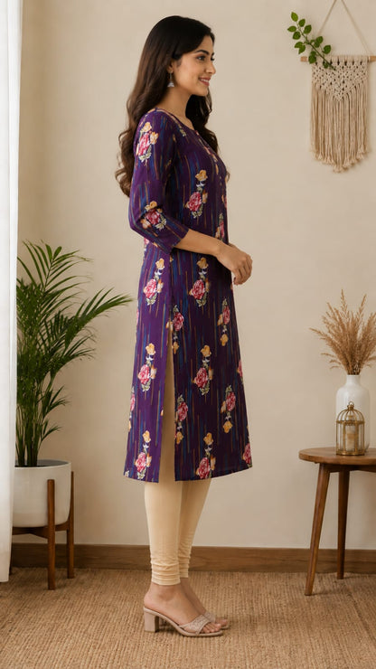 Women's Dark Purple Floral & Stripe Printed Pure Cotton Straight Kurta (Single piece Kurta)